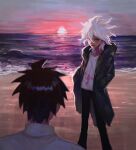  2boys :d akiko_141 bangs beach black_pants blue_eyes clouds coat commentary_request dangan_ronpa_(series) dangan_ronpa_2:_goodbye_despair feet_out_of_frame from_behind green_coat hair_between_eyes hands_in_pockets highres hinata_hajime hood hood_down hooded_coat jacket komaeda_nagito looking_at_another male_focus multiple_boys ocean open_clothes open_coat open_mouth outdoors pants shirt sky smile spiky_hair sunset upper_teeth white_hair white_shirt 