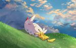  blush closed_eyes closed_mouth clouds commentary_request gen_1_pokemon gen_4_pokemon grass highres lying no_humans nullma on_back open_mouth outdoors pikachu pokemon pokemon_(creature) signature sky smile togekiss tongue 