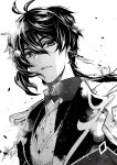  1boy bangs black_hair close-up collar earrings formal genshin_impact greyscale hair_between_eyes highres jacket jewelry long_hair looking_at_viewer male_focus monochrome necktie open_mouth ponytail simple_background single_earring solo suit tassel tassel_earrings white_background zanael zhongli_(genshin_impact) 