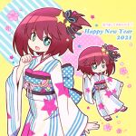  1girl 2021 :3 blush chibi clenched_hands flower green_eyes happy_new_year highres japanese_clothes kimono looking_at_viewer luluco mimi_kiri multiple_views new_year obi open_hand pink_flower redhead sash short_hair short_sidetail side_ponytail smile star_(symbol) uchuu_patrol_luluco v-shaped_eyebrows yukata 