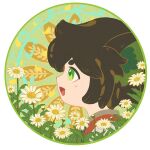  1boy animal_ears black_hair cat_boy cat_ears circle flower green_eyes leaf luoxiaohei luxiao_ao open_mouth plant portrait profile short_hair smile solo the_legend_of_luo_xiaohei white_flower 