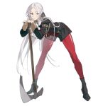  1girl axe cape cravat edelgard_von_hresvelg fire_emblem fire_emblem:_three_houses full_body garreg_mach_monastery_uniform gloves hair_ornament hair_ribbon highres holding holding_axe lingzi long_hair long_sleeves looking_at_viewer pantyhose red_cape ribbon shirt simple_background solo uniform violet_eyes weapon white_background white_hair white_shirt 