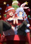  2girls :d abi_(abimel10) absurdres alcohol alternate_costume animal_ear_fluff animal_ears bangs bare_shoulders black_legwear blue_hair blurry blurry_background blush boots braid breasts carrot_hair_ornament champagne champagne_flute christmas christmas_tree commentary_request crossed_legs cup don-chan_(usada_pekora) drinking_glass eyebrows_visible_through_hair food_themed_hair_ornament fur_trim gift gloves hair_ornament hat heterochromia highres holding hololive houshou_marine large_breasts long_hair looking_at_viewer medium_breasts multicolored_hair multiple_girls open_mouth ornament panties panties_under_pantyhose pantyhose partial_commentary rabbit_ears red_eyes red_gloves red_legwear red_shirt redhead ribbon santa_costume santa_hat shirt sitting smile thick_eyebrows thigh-highs thighband_pantyhose thighs tongue tongue_out twin_braids twintails two-tone_hair underwear usada_pekora virtual_youtuber white_hair yellow_eyes 