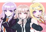  3girls :d :o ahoge akamatsu_kaede bangs black_gloves black_jacket black_ribbon black_shirt blonde_hair braid collared_shirt commentary_request dangan_ronpa:_trigger_happy_havoc dangan_ronpa_(series) dangan_ronpa_2:_goodbye_despair dangan_ronpa_v3:_killing_harmony dress_shirt finger_to_mouth gloves hair_ornament hair_ribbon hand_up hands_up hood hood_down jacket kirigiri_kyouko locked_arms long_hair long_sleeves looking_at_viewer multiple_girls musical_note musical_note_hair_ornament nanami_chiaki neck_ribbon necktie open_mouth orange_neckwear pink_ribbon purple_hair ribbon shirt shushing smile sweater_vest tei_(auntaso) upper_body upper_teeth v violet_eyes w white_shirt 