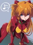  all_fours bent_over blue_eyes blush bodysuit breasts fujitaka_nasu grey_background hair_between_eyes hairpods highres interface_headset large_breasts looking_at_viewer musical_note neon_genesis_evangelion orange_hair pilot_suit plugsuit red_bodysuit simple_background souryuu_asuka_langley spoken_musical_note tongue tongue_out two_side_up 