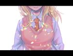  1girl ahoge akamatsu_kaede arms_at_sides bangs blonde_hair breasts closed_mouth collared_shirt dangan_ronpa_(series) dangan_ronpa_v3:_killing_harmony hair_ornament head_out_of_frame large_breasts letterboxed long_hair long_sleeves necktie orange_neckwear school_uniform shirt smile solo striped sweater_vest tei_(auntaso) upper_body white_background white_shirt wing_collar 
