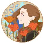  1boy brown_hair circle flower hair_pulled_back long_hair luozhu_(the_legend_of_luoxiaohei) luxiao_ao orange_flower plant pointy_ears portrait profile red_eyes red_flower smile solo the_legend_of_luo_xiaohei 