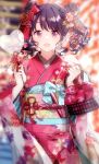  1girl :d absurdres bag blurry blurry_background blush bow double_bun eyebrows_visible_through_hair fangs fukumaru_koito gocoli hair_bow hair_ornament handbag highres idolmaster idolmaster_shiny_colors japanese_clothes kimono looking_at_viewer open_mouth pink_eyes purple_hair red_bow red_kimono short_twintails sidelocks smile solo standing twintails 