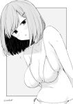  1girl bikini blush breasts collarbone grey_background greyscale hair_ornament hairclip kichihachi large_breasts looking_at_viewer mole mole_on_breast monochrome navel original short_hair simple_background solo sweat swimsuit twitter_username two-tone_background white_background 