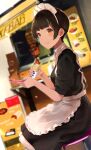  1girl absurdres apron blue_nails blurry blurry_background bob_cut cellphone closed_mouth eating highres looking_at_viewer maid maid_apron maid_headdress original outdoors phone red_eyes restaurant shawarma short_hair sidelocks sitting solo tanaka_(user_hfds7453) white_legwear 