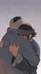  2boys absurdres black_hair blue_headband brown_eyes coat collar commentary_request crying from_behind golden_kamuy grey_background grey_coat hand_on_another&#039;s_head headband highres holding hug kadokura_(golden_kamuy) kirawus_(golden_kamuy) long_sleeves looking_at_viewer ma_kns multiple_boys petting simple_background standing tears traditional_clothes upper_body wide_sleeves 