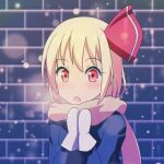  1girl arms_up bangs blonde_hair blue_coat blurry blurry_background breath brick_wall cato_(monocatienus) coat commentary_request eyebrows_visible_through_hair hair_ribbon light_blush looking_at_viewer mittens open_mouth own_hands_together pink_scarf red_eyes ribbon rumia scarf short_hair snowing solo standing touhou upper_body white_mittens winter 