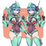  2girls :o bangs black_gloves blue_eyes blue_hair breasts clenched_hands covered_navel eyebrows_visible_through_hair gloves gundam gundam_unicorn highres mecha_musume medium_breasts michi_kuso missile_pod multiple_girls open_hand open_hands open_mouth personification short_hair signature skin_tight stark_jegan thigh-highs 