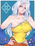  1girl bare_shoulders biting breasts collarbone detached_sleeves dress fingernails frills grey_hair hands_on_hips highres lip_biting long_fingernails long_hair looking_at_viewer messy_hair mito_(mo96g) multicolored multicolored_clothes multicolored_dress no_bra red_eyes sakata_nemuno single_strap smile solo teeth touhou 