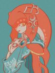  1girl aqua_background colored_skin fins fish_girl highres mipha multicolored multicolored_skin red_skin simple_background solo the_legend_of_zelda the_legend_of_zelda:_breath_of_the_wild upper_body uzuta yellow_eyes zora 