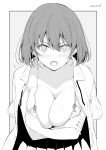  1girl blush breasts collarbone grey_background greyscale hair_between_eyes kichihachi large_breasts looking_at_viewer monochrome open_clothes open_mouth open_shirt original short_hair simple_background skirt solo sweat twitter_username two-tone_background white_background 
