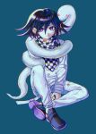  1boy bangs blue_background checkered checkered_scarf commentary_request dangan_ronpa_(series) dangan_ronpa_v3:_killing_harmony full_body green_background hair_between_eyes highres jacket long_sleeves looking_at_viewer male_focus ouma_kokichi pants scarf shoes short_hair simple_background sitting smile snake solo straitjacket tei_(auntaso) violet_eyes white_pants 