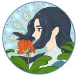  1boy black_eyes black_hair circle floating_hair flower leaf long_hair luxiao_ao plant portrait profile red_flower solo the_legend_of_luo_xiaohei wuxian_(the_legend_of_luoxiaohei) 
