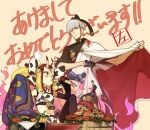  1boy 1girl animal_print bell black_gloves black_legwear blonde_hair breasts brown_eyes bucket cow_print crab crab_leg detached_sleeves eating fate/grand_order fate_(series) food gloves gourd grey_hair hat hidari_(left_side) horns ibaraki_douji_(fate/grand_order) japanese_clothes midriff oni_horns pointy_ears shrimp sitting small_breasts smile thigh-highs twintails watanabe_no_tsuna_(fate/grand_order) 