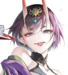  1girl absurdres alcohol bare_shoulders black_eyes collarbone cropped cup earrings eyebrows_visible_through_hair eyeshadow face fate/grand_order fate_(series) highres horns jewelry joehongtee makeup oni_horns purple_hair red_eyeshadow red_pupils sakazuki sake short_eyebrows short_hair shuten_douji_(fate/grand_order) simple_background single_earring solo teeth tongue tongue_out upper_body upper_teeth white_background 