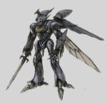  bellvine fantasy grey_background highres holding holding_sword holding_weapon insect_wings mecha no_humans open_hand otsu_(outsunaruse) seisenshi_dunbine solo standing sword weapon white_eyes wings 