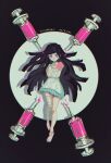  1girl absurdres akiko_141 bandaged_arm bandaged_leg bandages bangs black_background black_hair blue_skirt character_name closed_mouth commentary_request dangan_ronpa_(series) dangan_ronpa_2:_goodbye_despair full_body hands_up highres long_hair looking_at_viewer oversized_object pink_blood pink_eyes pink_footwear pink_shirt puffy_short_sleeves puffy_sleeves shirt shoes short_sleeves skirt solo syringe thigh-highs tsumiki_mikan white_background 