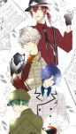  4boys black_headwear black_neckwear blue_hair brooch footprints gloves green_hair hat headwear_removed highres hiyama_takaomi houndstooth jewelry kagura_aki kiiyo looking_at_viewer maki_keita male_focus medium_hair monocle multiple_boys newspaper ootani_hitori orange_neckwear plaid pocket_watch ponytail red_shirt redhead shirt short_hair silver_hair simple_background stand_my_heroes unmoving_pattern watch white_gloves yellow_eyes 