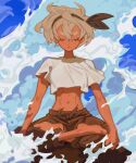  1girl bea_(pokemon) black_hairband black_ribbon brown_pants closed_eyes clouds cloudy_sky dark_skin dark-skinned_female grey_hair hairband highres lotus_position meditation memcchi midriff pants pokemon pokemon_(game) pokemon_swsh ribbon shirt short_hair short_sleeves sitting sky solo white_shirt 