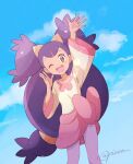 1girl ;d arm_up bangs bow brown_eyes clouds collarbone commentary_request day eyelashes gym_leader hand_up head_tilt highres iris_(pokemon) long_hair looking_at_viewer mei_(maysroom) one_eye_closed open_mouth outdoors pink_bow pokemon pokemon_(game) pokemon_bw purple_hair signature sky smile solo spread_fingers teeth tied_hair tongue very_long_hair 