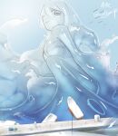  akira_(meltyhip) blue_hair blue_sclera blue_skin blue_sky cephalopod_eyes closed_mouth colored_sclera colored_skin day giant giantess hand_up looking_at_viewer monster_girl original outdoors ship signature sky slime_girl twitter_username watercraft waves wavy_mouth 