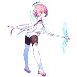  1girl ass bangs blue_eyes bodysuit boots dennou_tenshi_jibril detached_wings full_body green_eyes halo holding holding_staff kuuchuu_yousai looking_at_viewer mini_wings official_art pink_hair short_hair smile solo staff thigh-highs thigh_boots transparent_background white_wings wings 