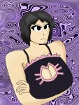  1girl angry arms_crossed arms_under_breasts black_bra black_eyes black_eyeshadow black_hair breasts cat_keyhole_bra cat_lingerie eyebrows_visible_through_hair eyelashes eyeliner no_shirt short_hair thyliq 