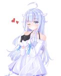  1girl absurdres ahoge amatsuka_uto angel_wings bangs bare_shoulders blue_eyes blue_hair detached_sleeves dhk117 dip-dyed_hair dress eyebrows_visible_through_hair hair_ornament hairclip halter_dress halter_top halterneck heart highres indie_virtual_youtuber long_hair looking_at_viewer off-shoulder_dress off_shoulder one_eye_closed praying ribbon simple_background smile solo twintails upper_body virtual_youtuber wings 