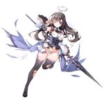  1girl bangs black_footwear brown_eyes brown_hair dennou_tenshi_jibril detached_sleeves full_body hair_ornament high_heels holding holding_weapon lance long_hair looking_at_viewer maebari official_art polearm solo thigh-highs torn_clothes transparent_background weapon wince 