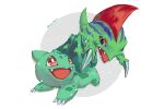 :d betamon bulbasaur circle claws color_connection commentary creature crossover digimon fangs full_body gen_1_pokemon happy kira_(kira_dra) looking_at_another no_humans open_mouth pokemon pokemon_(creature) red_eyes smile standing tail twitter_username white_background 