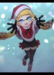  1girl arms_up bangs black_gloves black_legwear black_shorts blonde_hair blue_eyes blunt_bangs blurry bokeh boots capelet christmas commentary depth_of_field domino_mask fangs from_above fur-trimmed_capelet fur_trim gloves hat inkling lace-up letterboxed long_hair looking_at_viewer mask night open_mouth outdoors pointy_ears reaching red_capelet red_footwear red_headwear santa_boots santa_costume santa_gloves santa_hat short_shorts shorts smile snow snowing splatoon_(series) standing standing_on_one_leg takeko_spla tentacle_hair thigh-highs twitter_username 