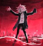  1boy akiko_141 amputee black_pants clouds cloudy_sky commentary_request dangan_ronpa_(series) dangan_ronpa_2:_goodbye_despair evil_smile green_jacket grin hands_up highres jacket komaeda_nagito legs_apart long_sleeves looking_at_viewer male_focus open_clothes open_jacket outstretched_arms pants print_shirt rain red_theme shirt sky smile solo spoilers standing torn_jacket wading weapon white_shirt 