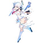  1girl ass bangs blue_eyes boots dennou_tenshi_jibril detached_sleeves detached_wings full_body halo kuuchuu_yousai looking_at_viewer official_art open_mouth short_hair solo thigh-highs thigh_boots torn_clothes transparent_background twisted_torso white_footwear white_hair wings 
