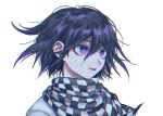  1boy :d bangs black_hair checkered checkered_scarf dangan_ronpa_(series) dangan_ronpa_v3:_killing_harmony hair_between_eyes highres looking_at_viewer male_focus open_mouth ouma_kokichi pale_skin portrait scarf short_hair simple_background smile solo tei_(auntaso) upper_body violet_eyes white_background 