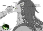  1boy applying_makeup ashiya_douman_(fate) asymmetrical_clothes asymmetrical_hair black_hair command_spell curly_hair earrings fate/grand_order fate_(series) fingernails green_eyeshadow green_lipstick hair_between_eyes hair_intakes japanese_clothes jewelry kimono lipstick long_hair magatama magatama_earrings makeup male_focus multicolored_hair sharp_fingernails solo_focus spot_color two-tone_hair upper_body very_long_fingernails very_long_hair white_hair yu_(13377) 