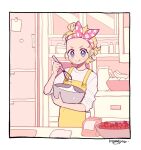  1girl apple apron banana blonde_hair blue_eyes blush border bowl food fruit kisaragi_yuu_(fallen_sky) kitchen original shelf shirt short_hair signature solo strawberry tongue tongue_out upper_body whisk white_border white_shirt yellow_apron 