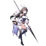  1girl bangs black_footwear brown_eyes brown_hair dennou_tenshi_jibril detached_sleeves full_body hair_ornament halo high_heels holding holding_weapon lance long_hair official_art open_mouth polearm solo thigh-highs transparent_background weapon 