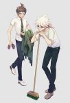  2boys absurdres ahoge aji_kosugi broom brown_eyes brown_hair commentary_request dangan_ronpa_(series) dangan_ronpa_2:_goodbye_despair full_body green_eyes green_neckwear grey_background highres hinata_hajime holding holding_clothes holding_jacket huge_filesize jacket jacket_removed komaeda_nagito leaning_forward looking_at_another male_focus medium_hair multiple_boys necktie open_mouth pants shirt shoes short_sleeves simple_background smile standing striped teeth white_hair white_shirt 