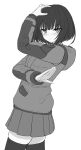  1girl arm_up bangs blush closed_mouth eyebrows_visible_through_hair greyscale highres hood hood_down hooded_jacket jacket long_sleeves looking_at_viewer monochrome original pleated_skirt pose short_hair simple_background skirt solo thigh-highs white_background yakob_labo 
