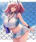  1girl azur_lane bangs blush breasts bremerton_(azur_lane) bremerton_(scorching-hot_training)_(azur_lane) hakumaitabete highres large_breasts long_hair looking_at_viewer multicolored_hair navel open_mouth pink_eyes pink_hair solo sportswear streaked_hair tennis_uniform twintails two-tone_shirt two-tone_skirt 
