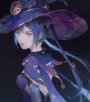  1girl back blue_eyes fantasymg genshin_impact hat highres long_hair looking_at_viewer mona_(genshin_impact) solo star_(symbol) twintails upper_body witch witch_hat 