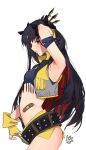  1girl arm_up armpits bandaid belt black_hair bow fate/grand_order fate_(series) fingerless_gloves gloves hair_bow ishtar_(fate)_(all) k52 long_hair midriff multicolored_hair profile red_eyes short_shorts shorts shorts_pull signature space_ishtar_(fate) two-tone_hair white_background 