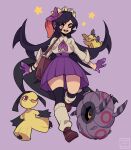  1girl artist_name bag black_hair breast_pocket brown_bag brown_footwear collared_shirt english_commentary extra_mouth filia_(skullgirls) full_body gen_3_pokemon gen_5_pokemon gen_8_pokemon gloves highres jojowentbananas living_hair long_hair long_sleeves looking_at_viewer mawile morpeko morpeko_(full) neckerchief one_eye_closed open_mouth pleated_skirt pocket pokemon pokemon_(game) prehensile_hair purple_background purple_gloves purple_neckwear purple_skirt red_eyes samson_(skullgirls) shirt shoes shoulder_bag simple_background skirt skullgirls smile socks solo star_(symbol) thigh-highs very_long_hair walking whirlipede white_shirt 