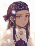  1girl ainu ainu_clothes asirpa bandana black_hair blue_bandana blue_eyes blue_headband cape closed_mouth commentary_request ear_piercing earrings eyebrows fur_cape golden_kamuy headband highres hoop_earrings jewelry lips long_hair looking_at_viewer piercing sidelocks simple_background solo upper_body white_background white_cape zinkaku69 