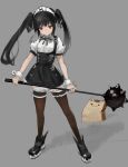  1girl :3 absurdres animal_ears bag bangs black_dress black_footwear black_hair black_legwear black_neckwear black_ribbon breasts cat_ears closed_mouth creature dress expressionless full_body grass grey_background hara_shoutarou highres holding holding_weapon kooh legband long_hair looking_at_viewer maid_headdress neck_ribbon pangya paper_bag polearm puffy_short_sleeves puffy_sleeves red_eyes ribbon shadow short_sleeves simple_background small_breasts solo spiked_mace standing thigh-highs twintails weapon wrist_cuffs 